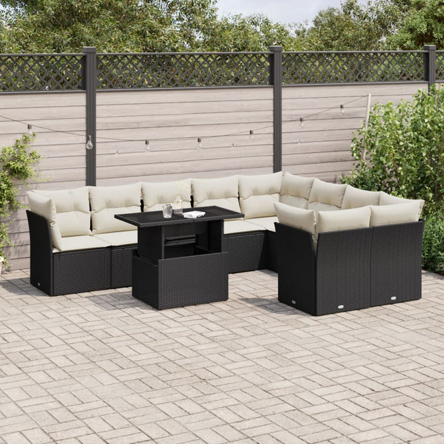 10-delige Loungeset met kussens poly rattan zwart