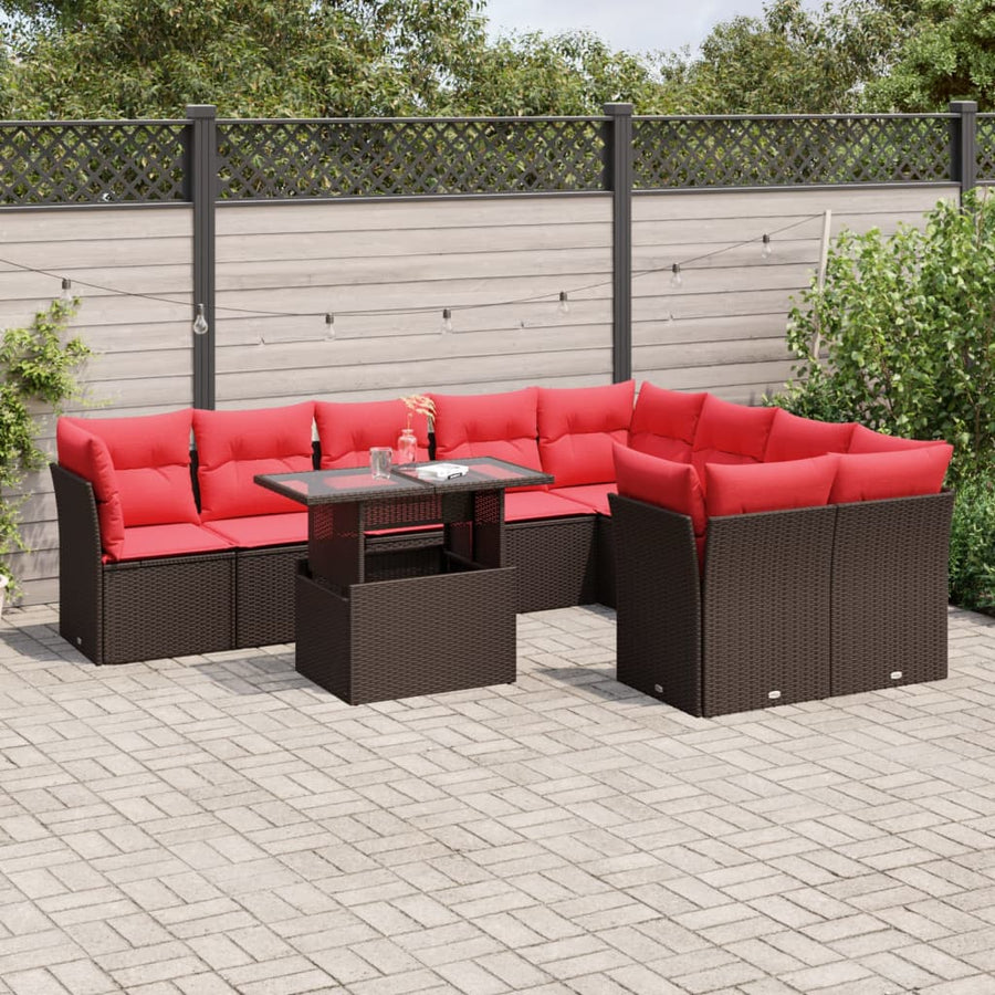 10-delige tuinbankset met kussens, bruin polyrotan