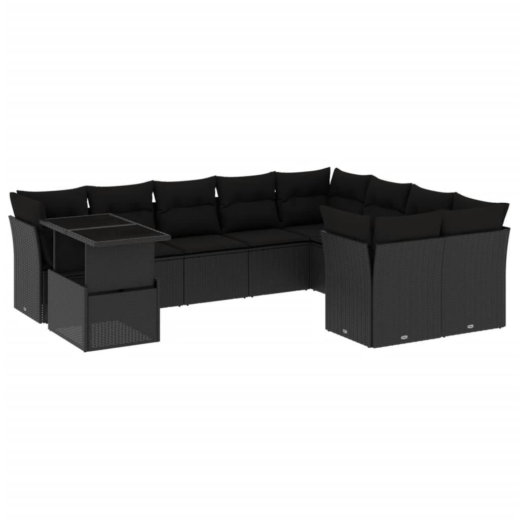 10-delige Loungeset met kussens poly rattan zwart
