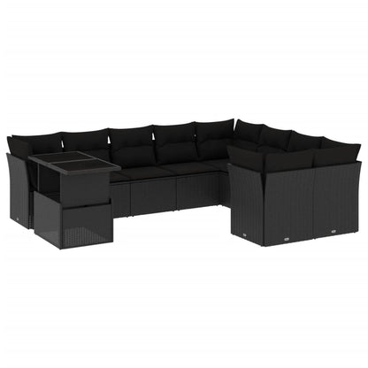 10-delige Loungeset met kussens poly rattan zwart