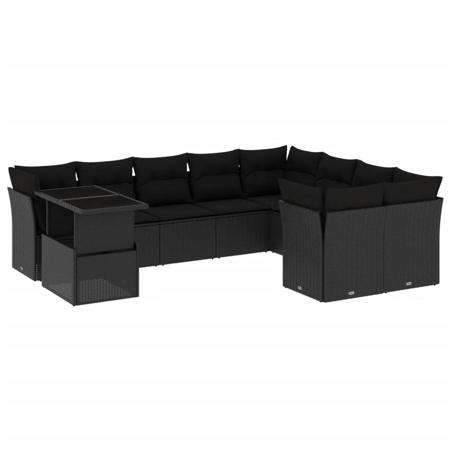 10-delige Loungeset met kussens poly rattan zwart