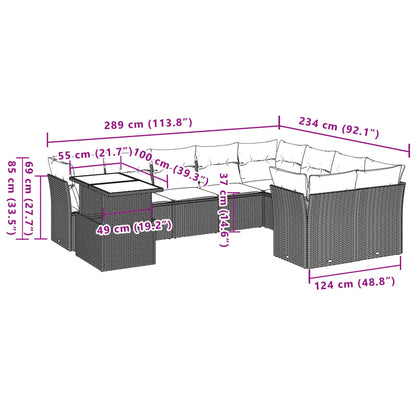 10-delige Loungeset met kussens poly rattan zwart