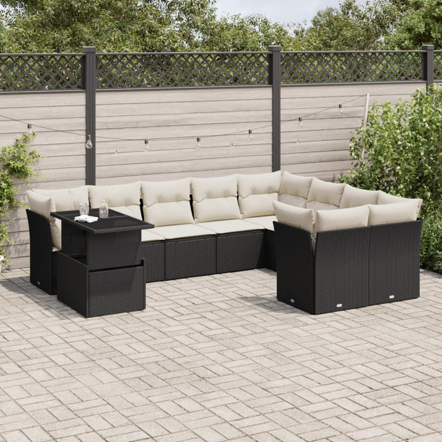 10-delige Loungeset met kussens poly rattan zwart