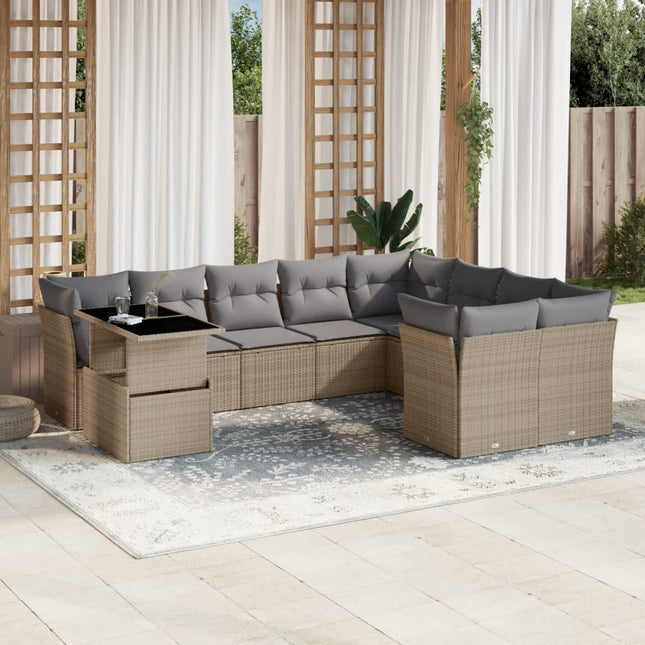 10-delige Loungeset met kussens poly rattan beige