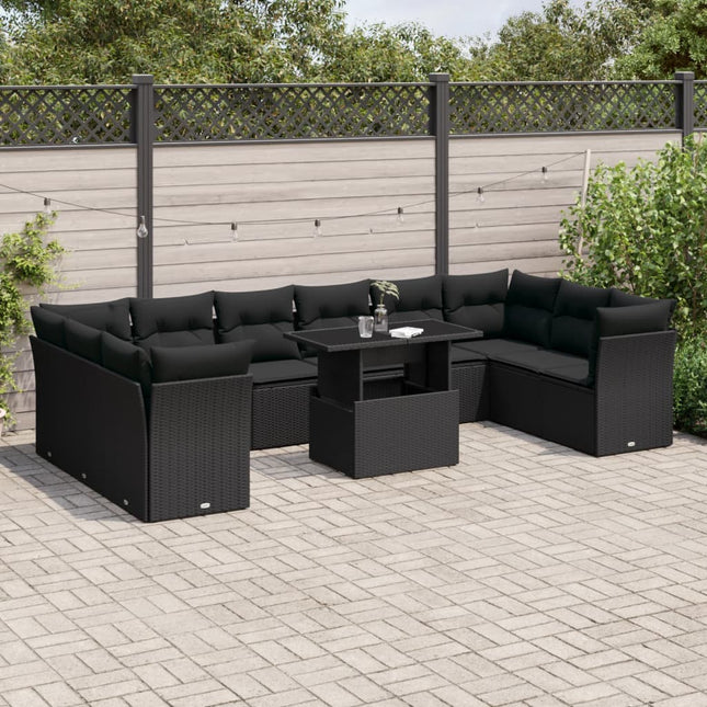 11-delige Loungeset met kussens poly rattan zwart