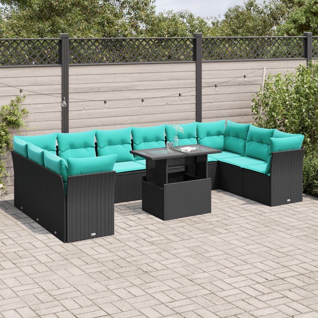 11-delige tuinbankset met kussens, zwart polyrotan