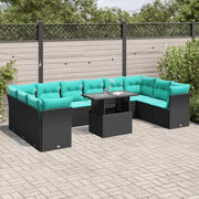 11-piece garden sofa set with cushions, black poly rattan