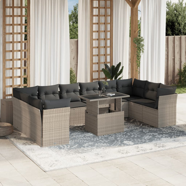 11-delige Loungeset met kussens poly rattan lichtgrijs