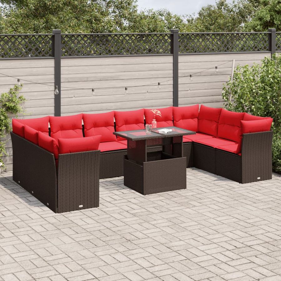 11-delige tuinbankset met kussens, bruin polyrotan