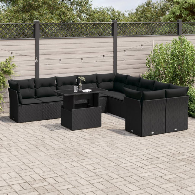 11-delige Loungeset met kussens poly rattan zwart