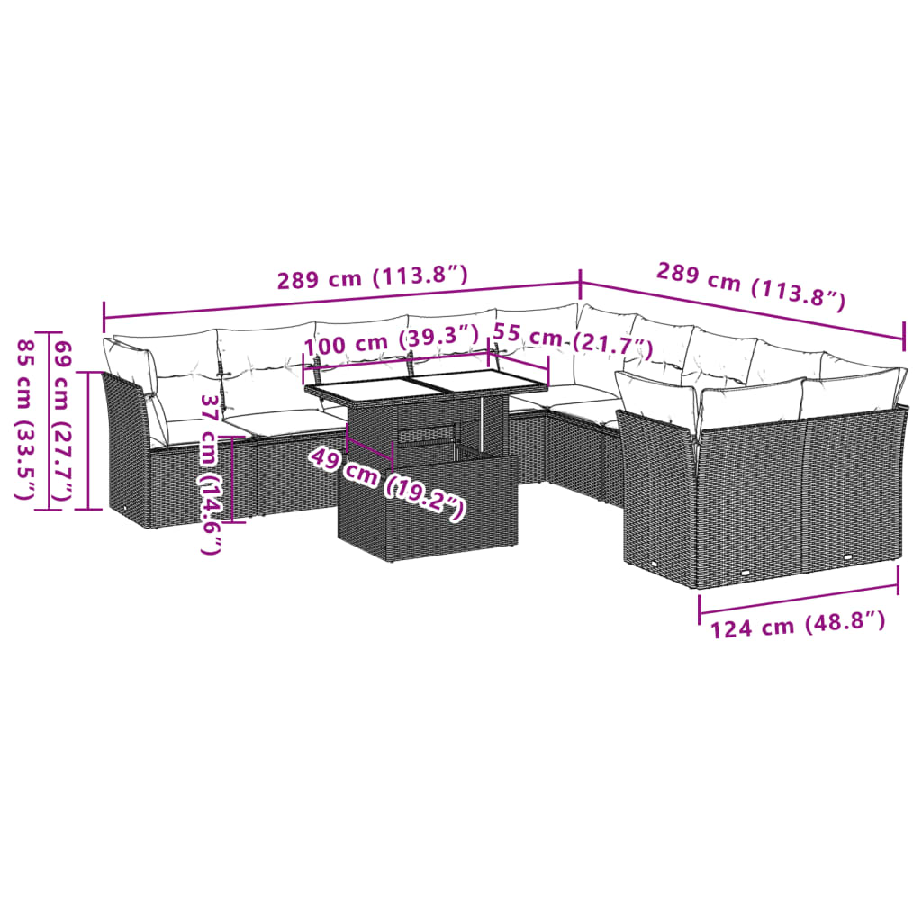 11-delige Loungeset met kussens poly rattan zwart