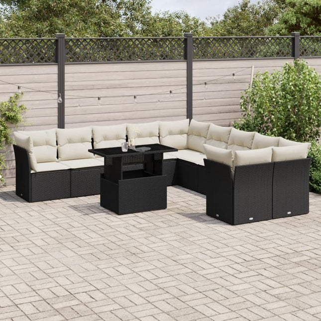 11-delige Loungeset met kussens poly rattan zwart