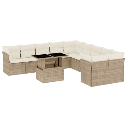 11-delige Tuinset met kussens poly rattan beige