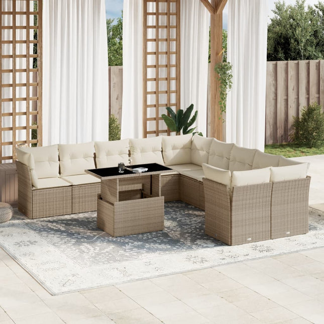 11-delige Tuinset met kussens poly rattan beige