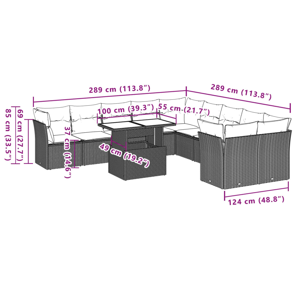11-delige Loungeset met kussens poly rattan lichtgrijs