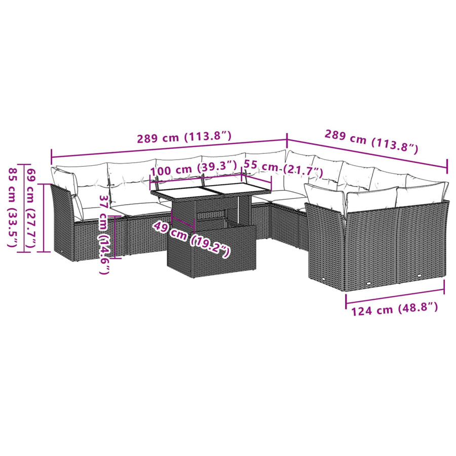 11-delige Loungeset met kussens poly rattan lichtgrijs