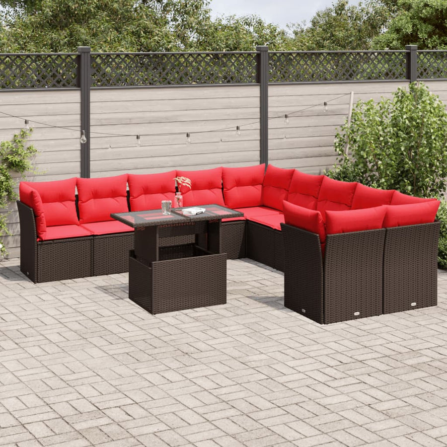 11-delige tuinbankset met kussens, bruin polyrotan