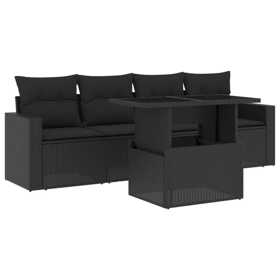 5-delige Loungeset met kussens poly rattan zwart