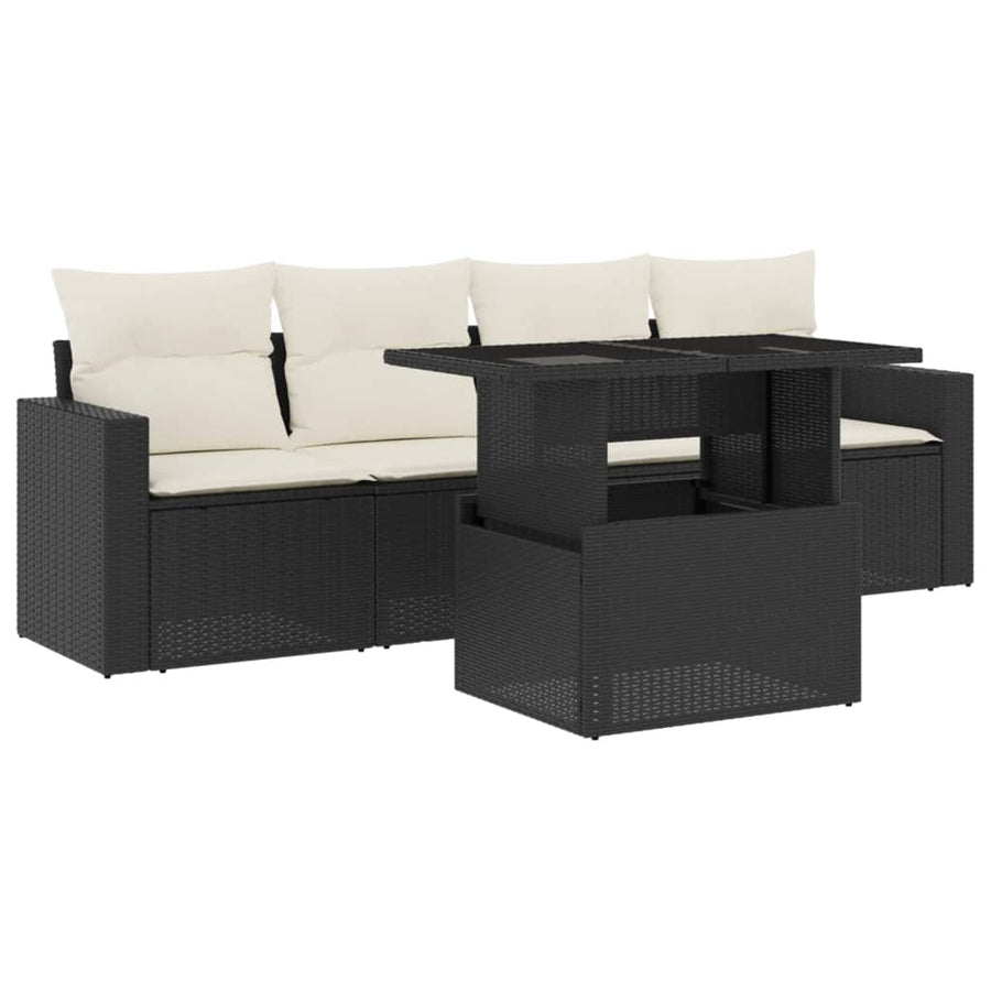 5-delige Loungeset met kussens poly rattan zwart