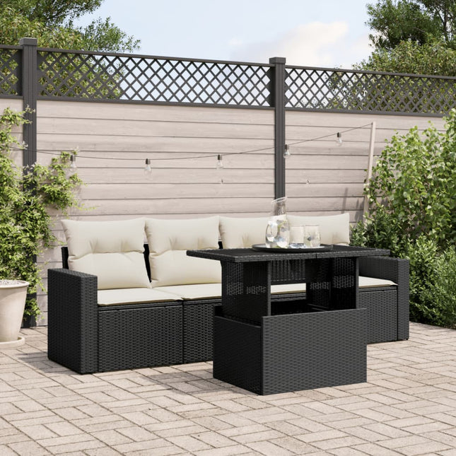 5-delige Loungeset met kussens poly rattan zwart