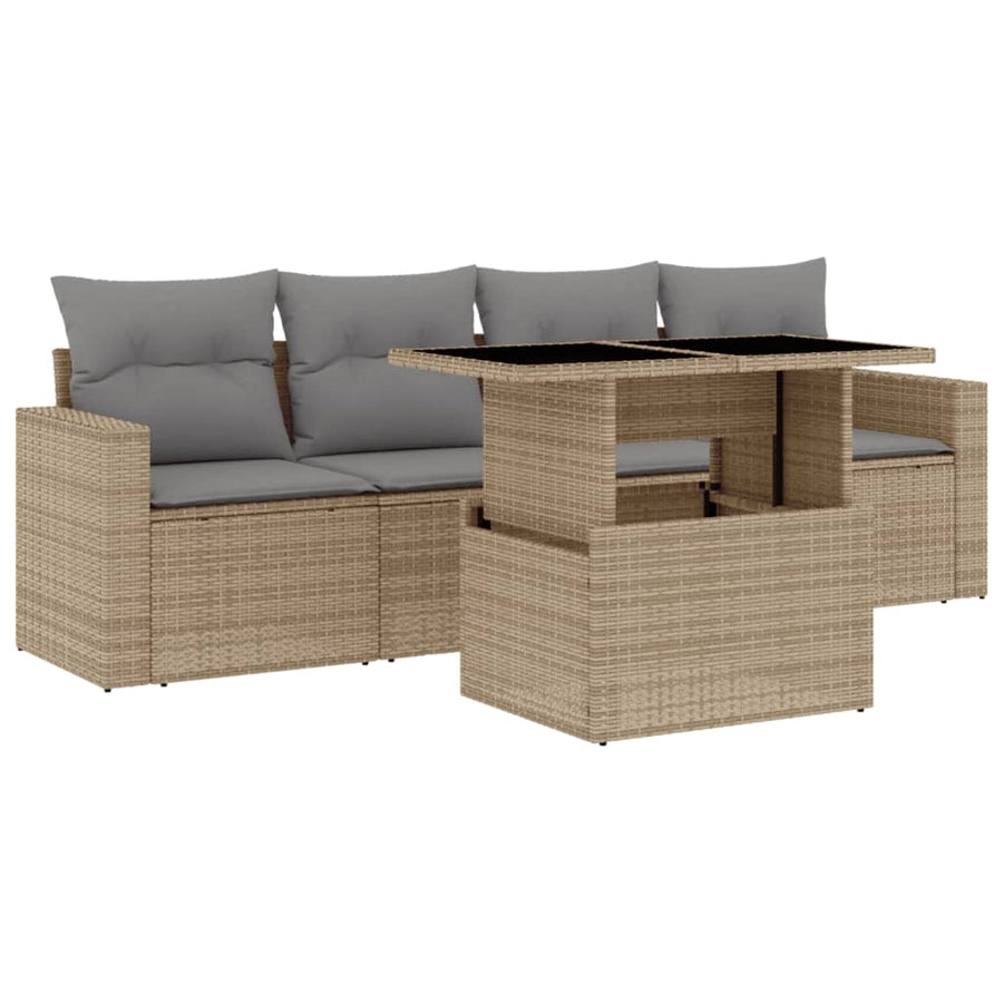 5-delige Loungeset met kussens poly rattan beige