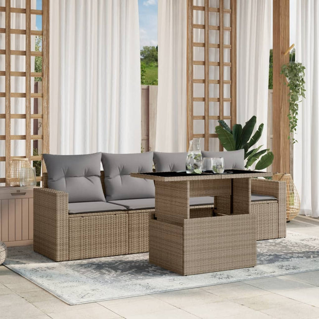 5-delige Loungeset met kussens poly rattan beige