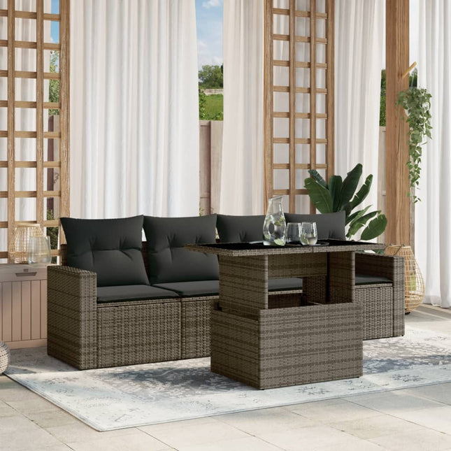 5-delige Loungeset met kussens poly rattan grijs