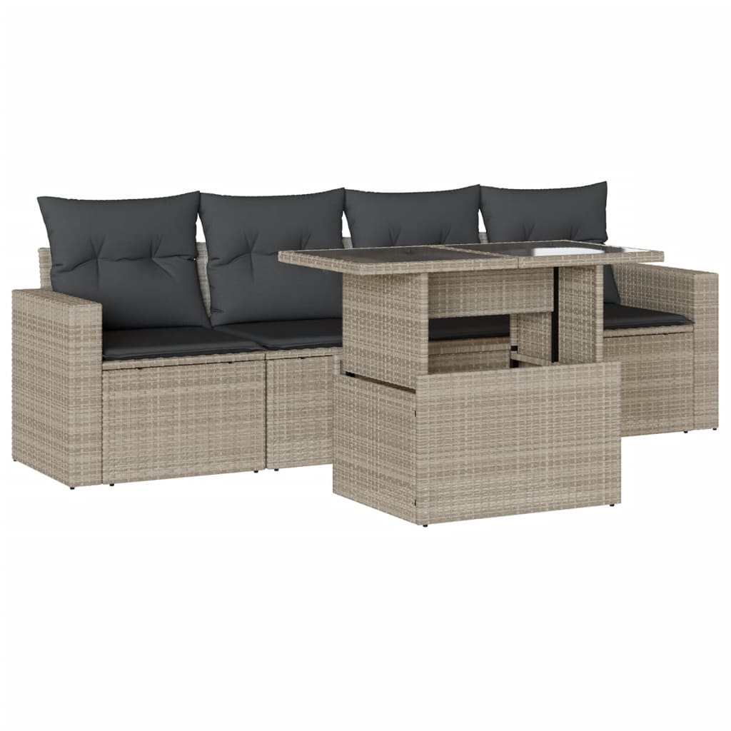 5-delige Loungeset met kussens poly rattan lichtgrijs