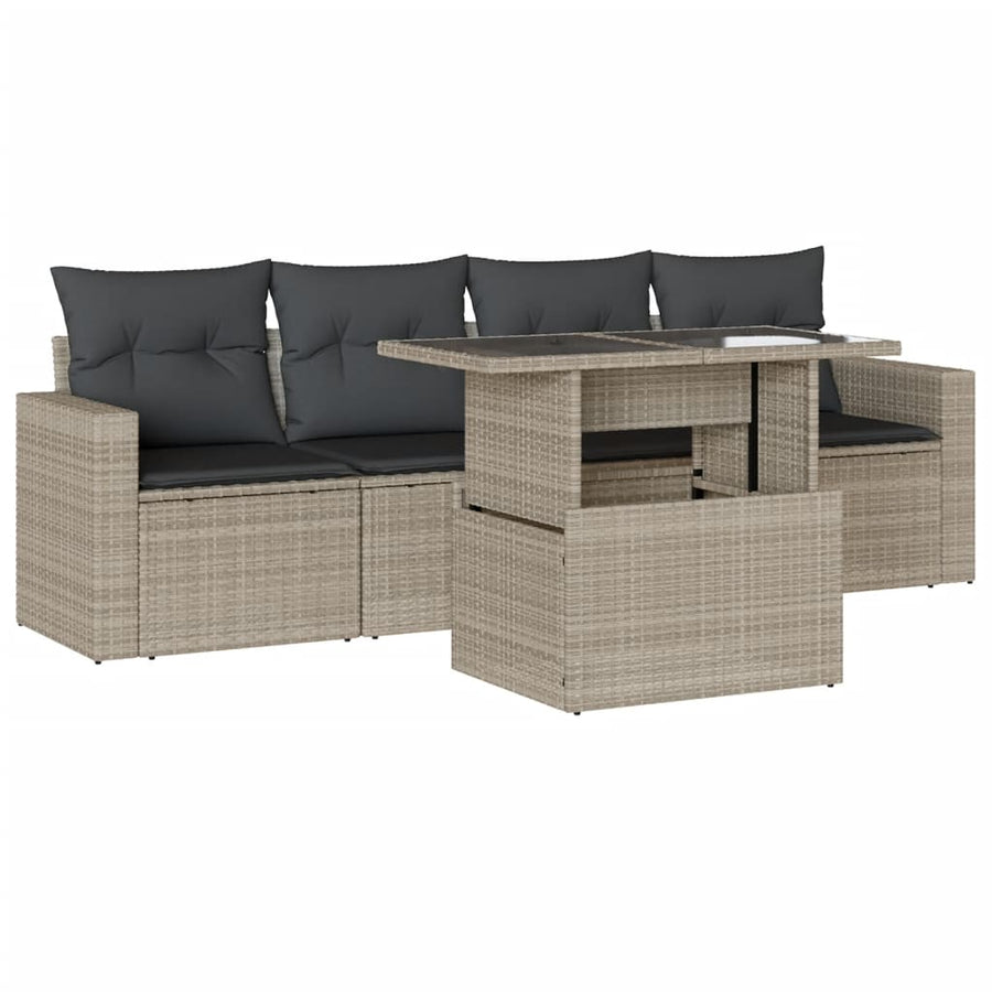5-delige Loungeset met kussens poly rattan lichtgrijs