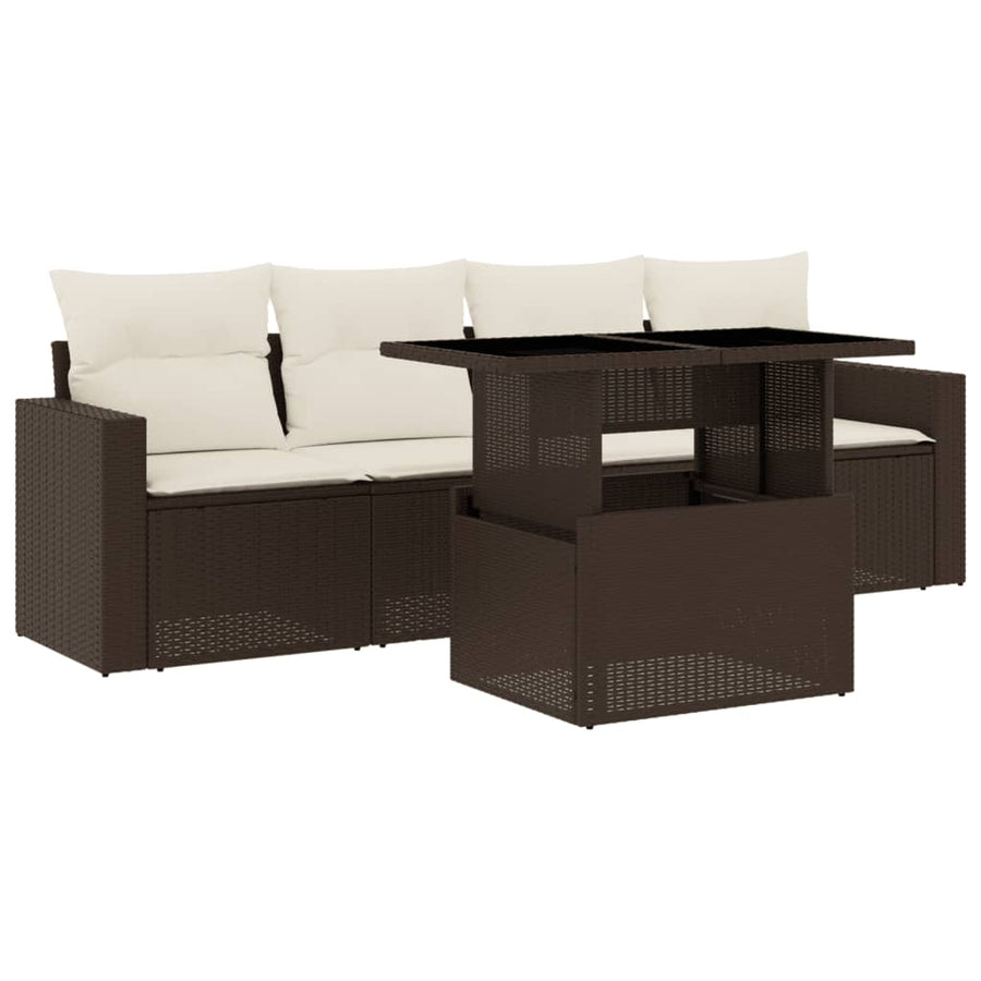 5-delige Loungeset met kussens poly rattan bruin
