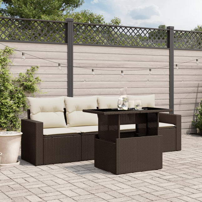 5-delige Loungeset met kussens poly rattan bruin