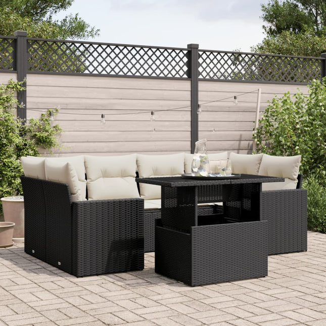 7-delige Loungeset met kussens poly rattan zwart