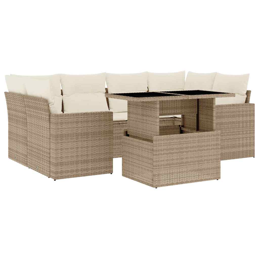 7-delige Loungeset met kussens poly rattan beige