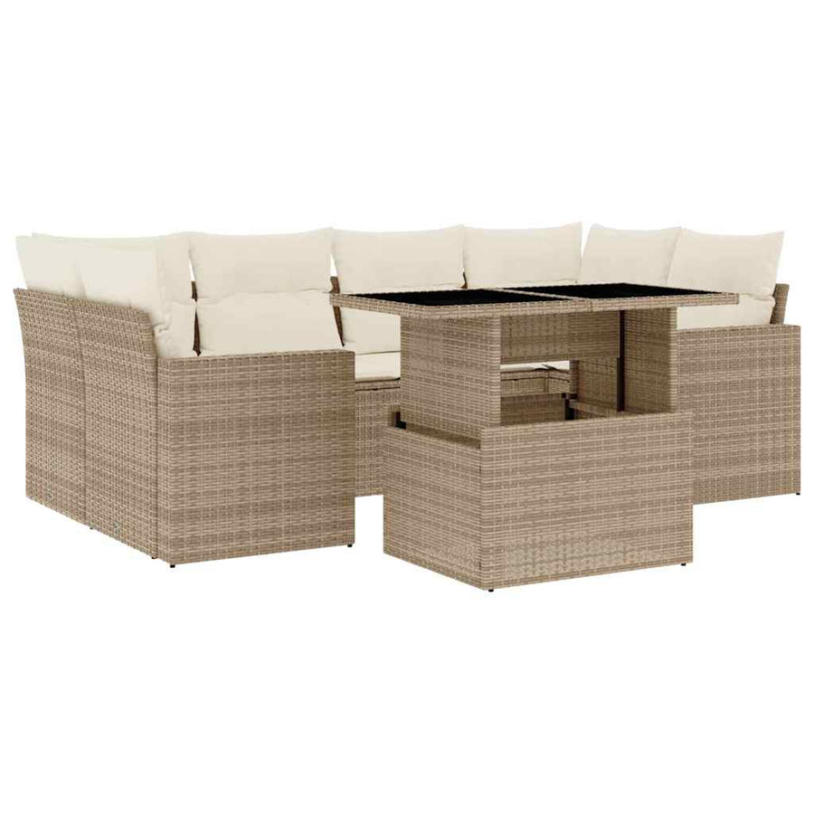 7-delige Loungeset met kussens poly rattan beige