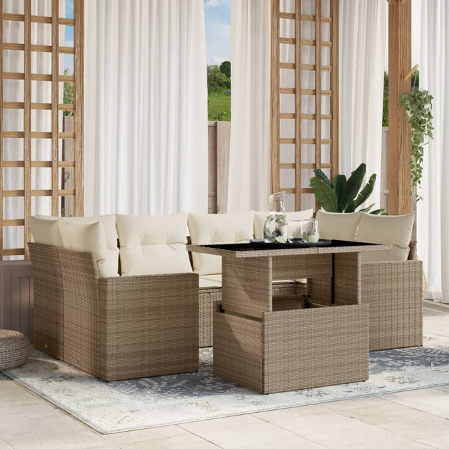 7-delige Loungeset met kussens poly rattan beige