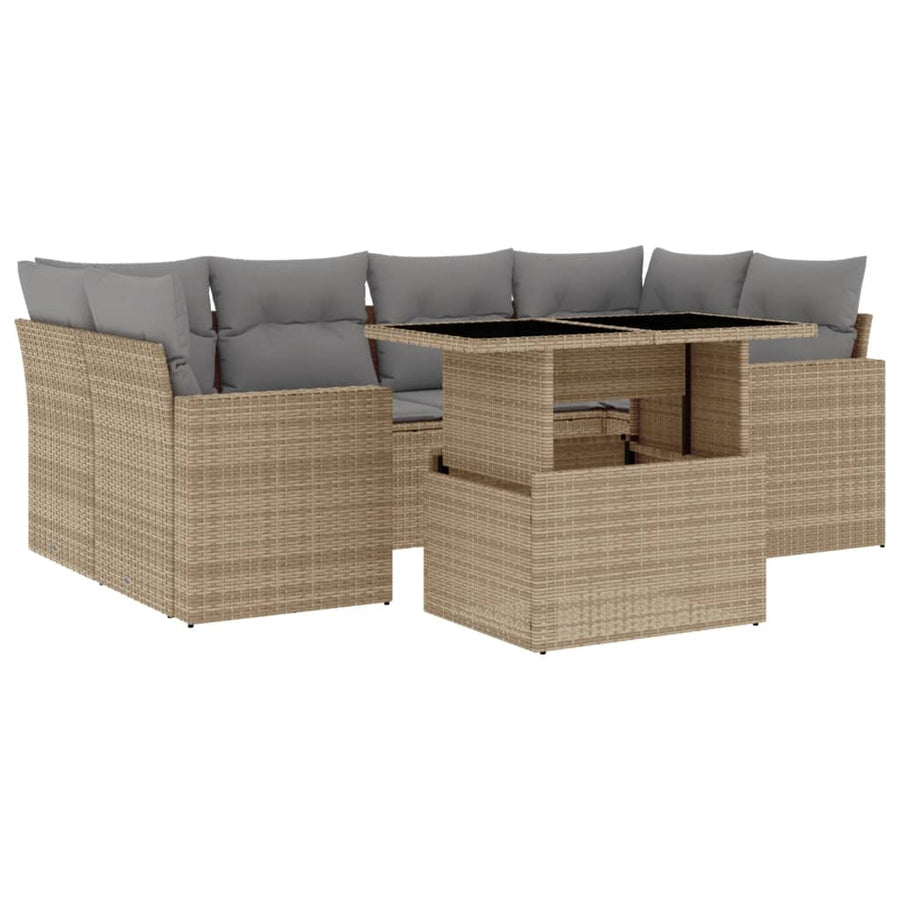 7-delige Loungeset met kussens poly rattan beige