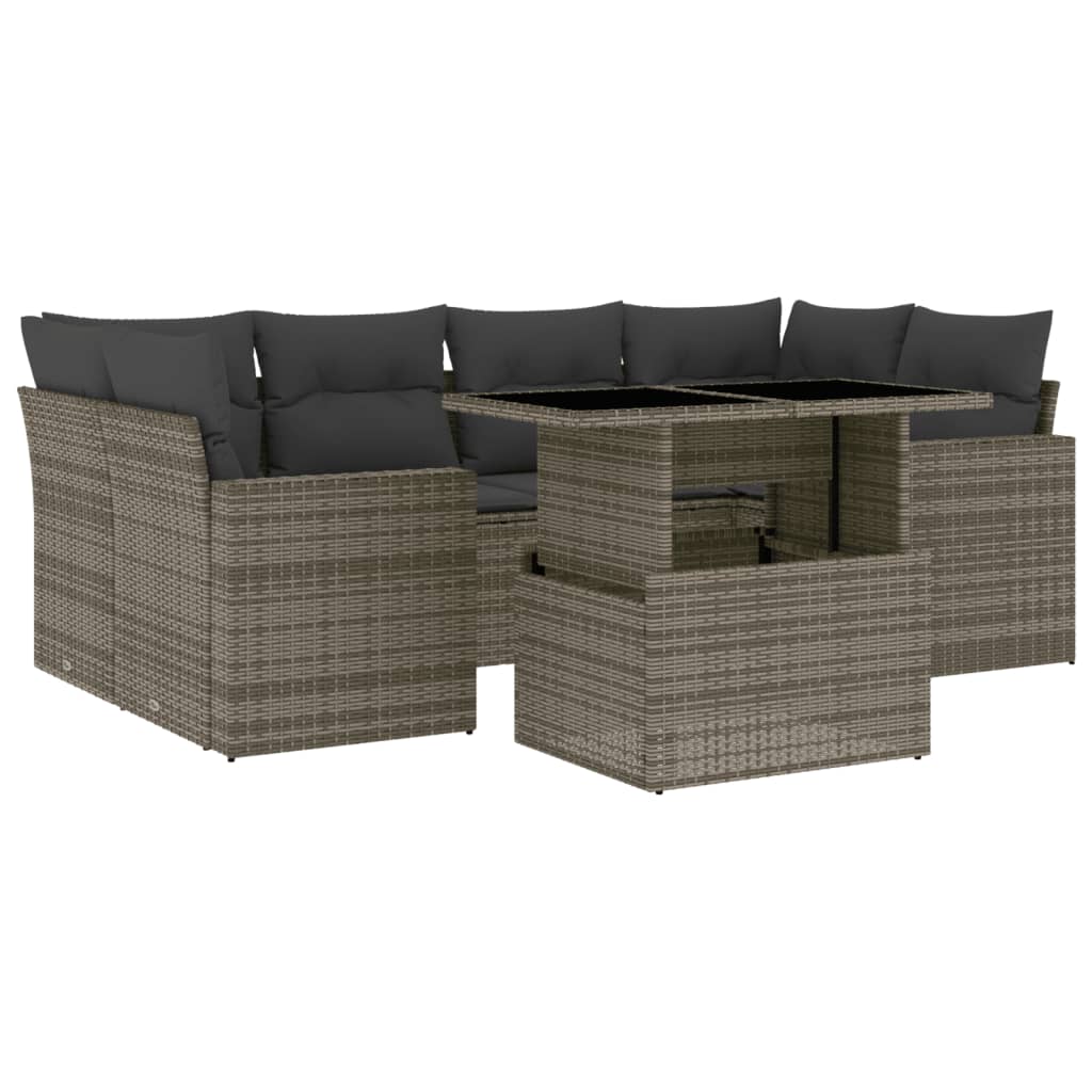 7-delige Loungeset met kussens poly rattan grijs