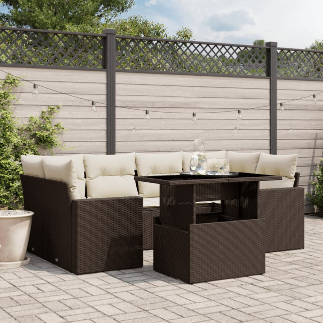 7-delige Loungeset met kussens poly rattan bruin