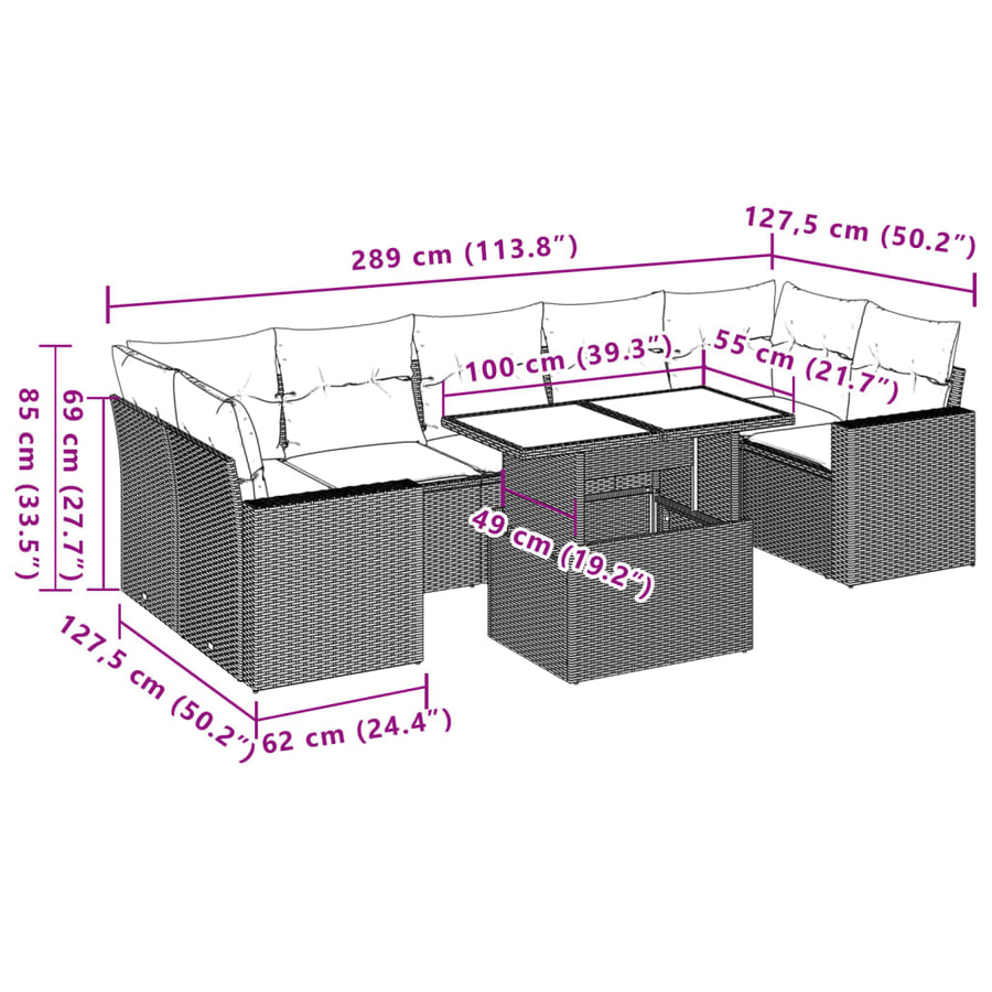 8-delige Loungeset met kussens poly rattan zwart