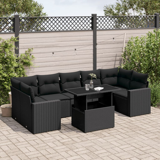 8-delige Loungeset met kussens poly rattan zwart