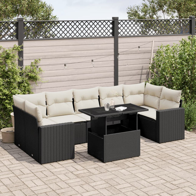 8-delige Loungeset met kussens poly rattan zwart