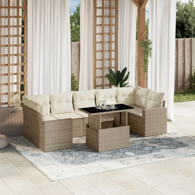 8-delige Loungeset met kussens poly rattan beige