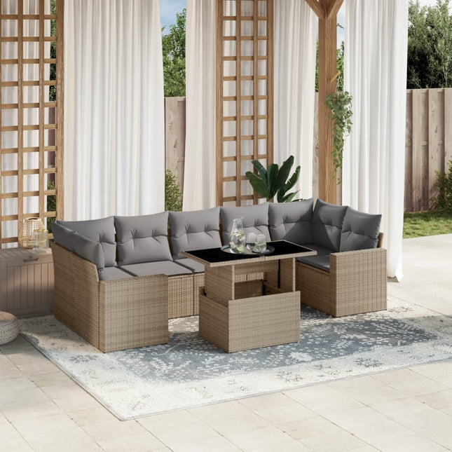 8-delige Loungeset met kussens poly rattan beige