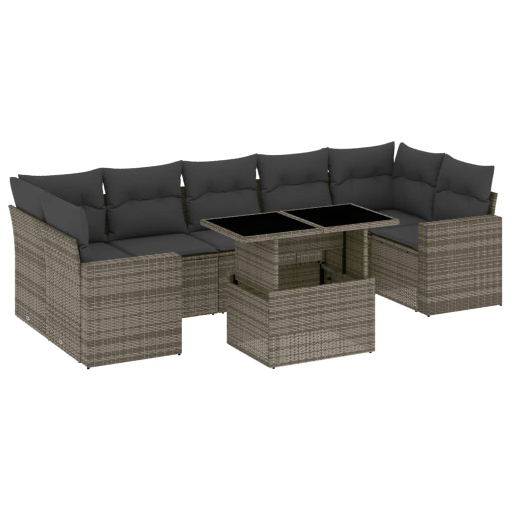 8-delige Loungeset met kussens poly rattan grijs