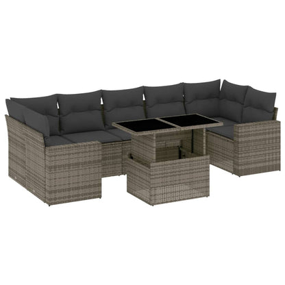 8-delige Loungeset met kussens poly rattan grijs