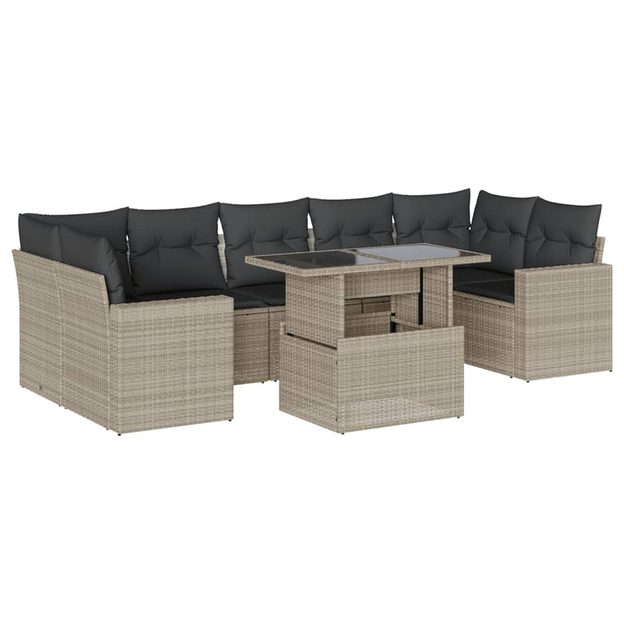 8-delige Loungeset met kussens poly rattan lichtgrijs