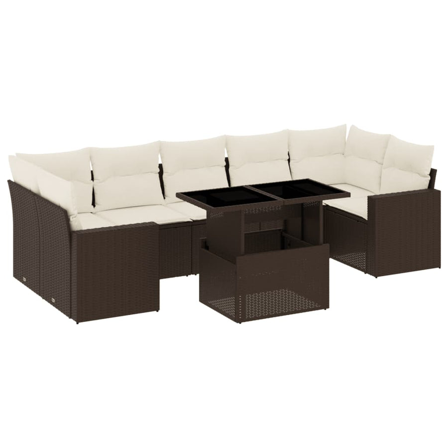 8-delige Loungeset met kussens poly rattan bruin