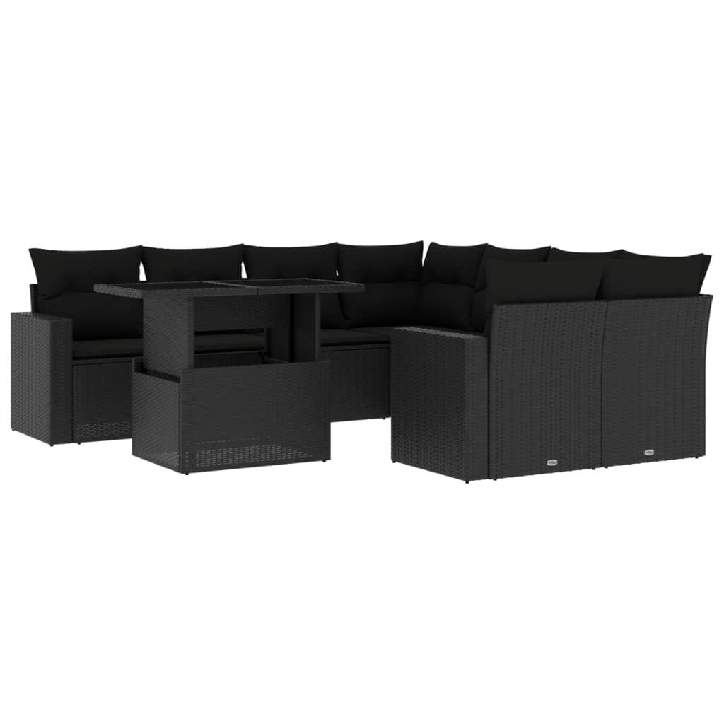 9-delige Loungeset met kussens poly rattan zwart