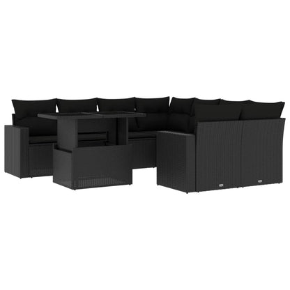9-delige Loungeset met kussens poly rattan zwart