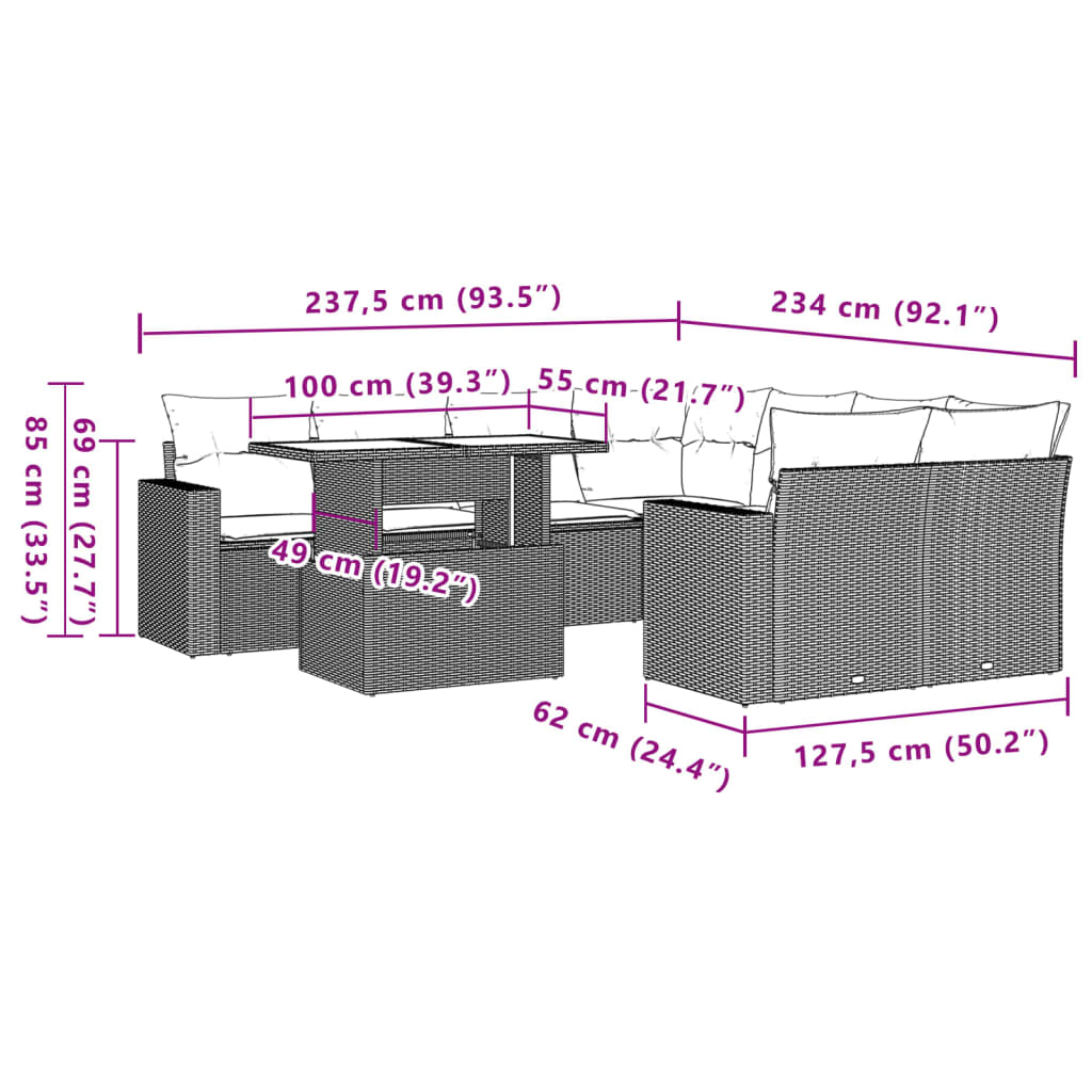 9-delige Loungeset met kussens poly rattan zwart